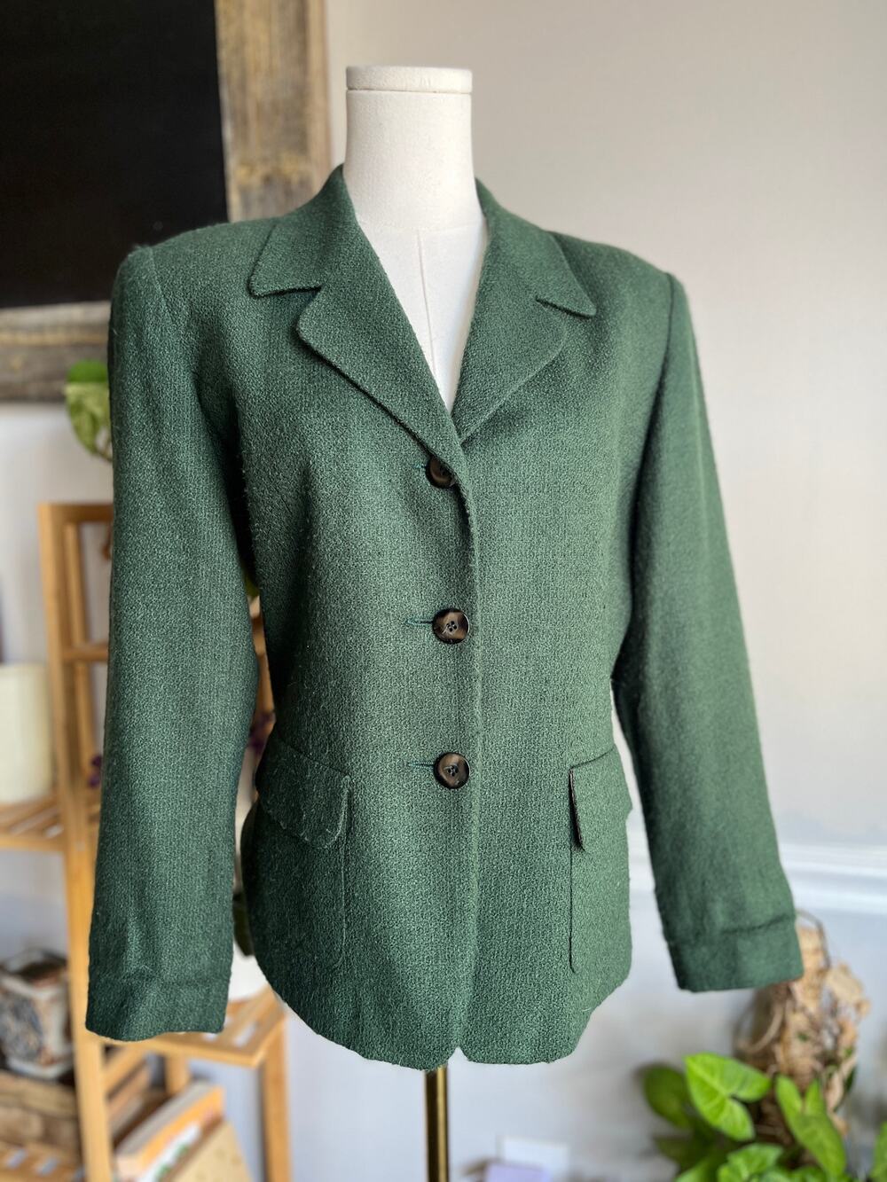Vintage 90s Green Knit Blazer Jacket Fitted Tailored Size Medium